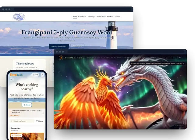 Three sites we built: Guernsey Wool, Aurora Hope, and UmmYeah on a phone